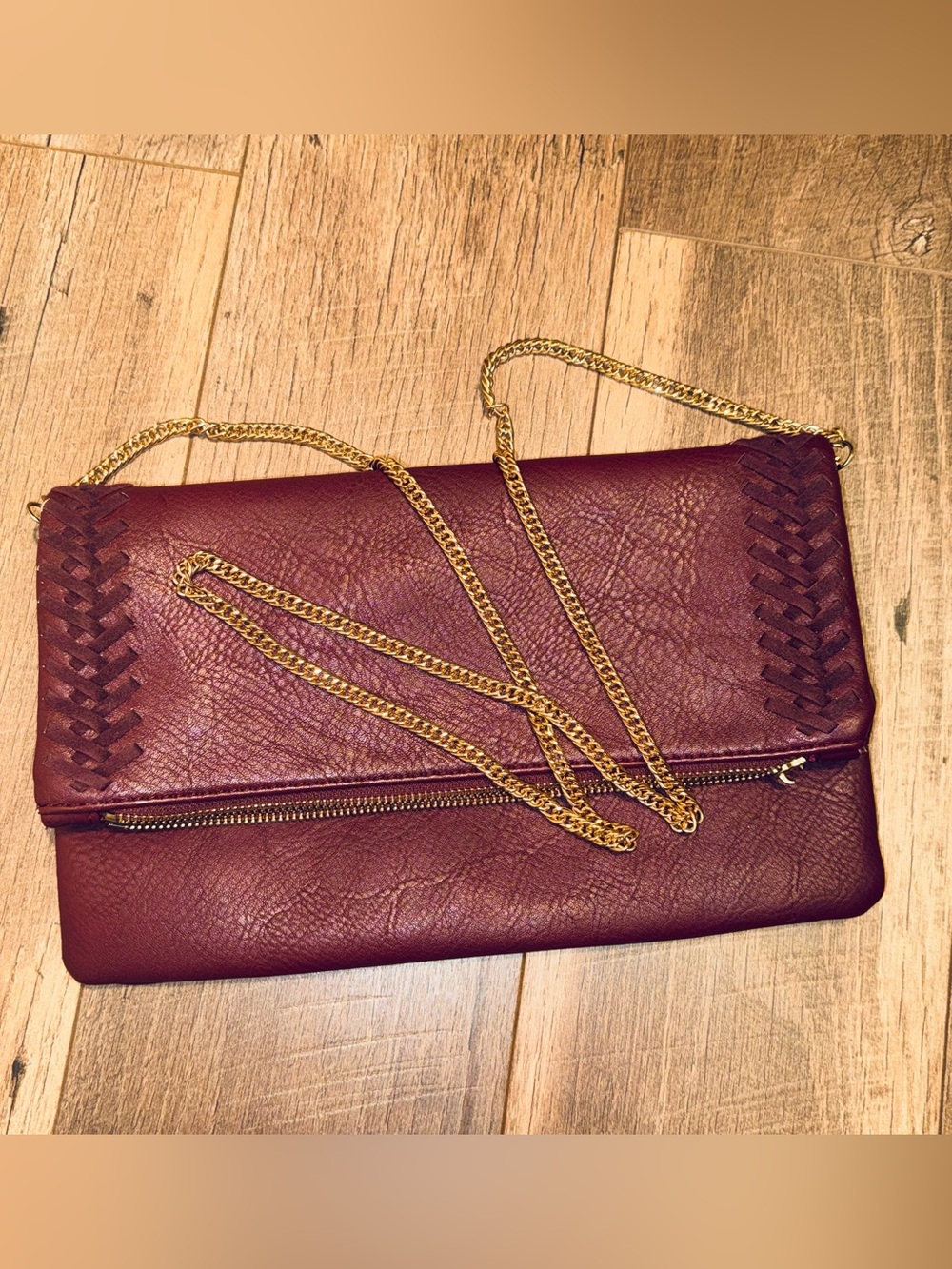 Burgundy Fold Over Crossbody Clutch | Leather Whipstitch Detail | Chain Strap